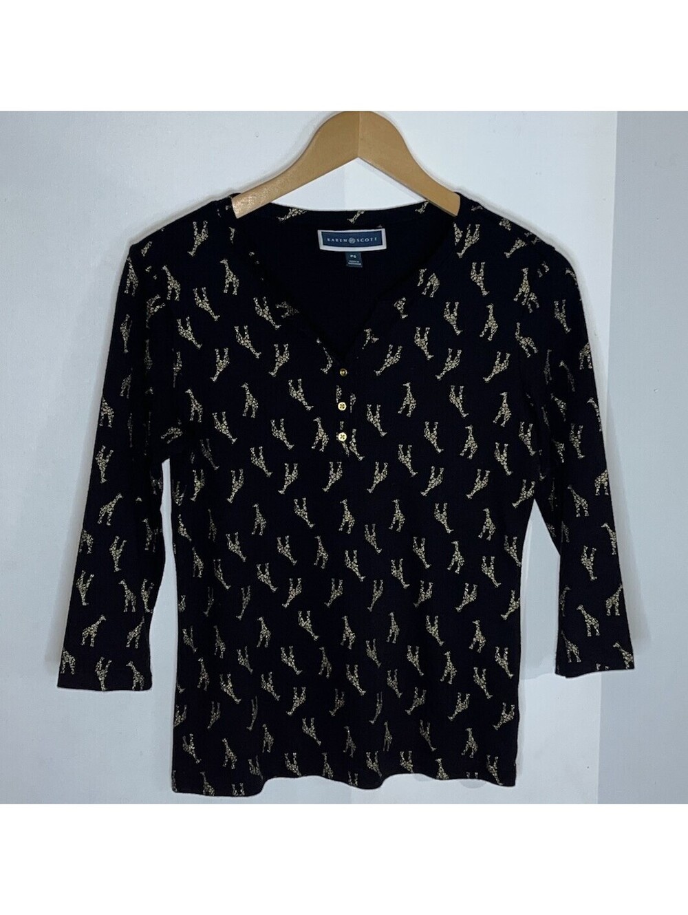 Karen Scott Black Gold Giraffe Print 3/4 Sleeve Novelty Top Size Small Petite